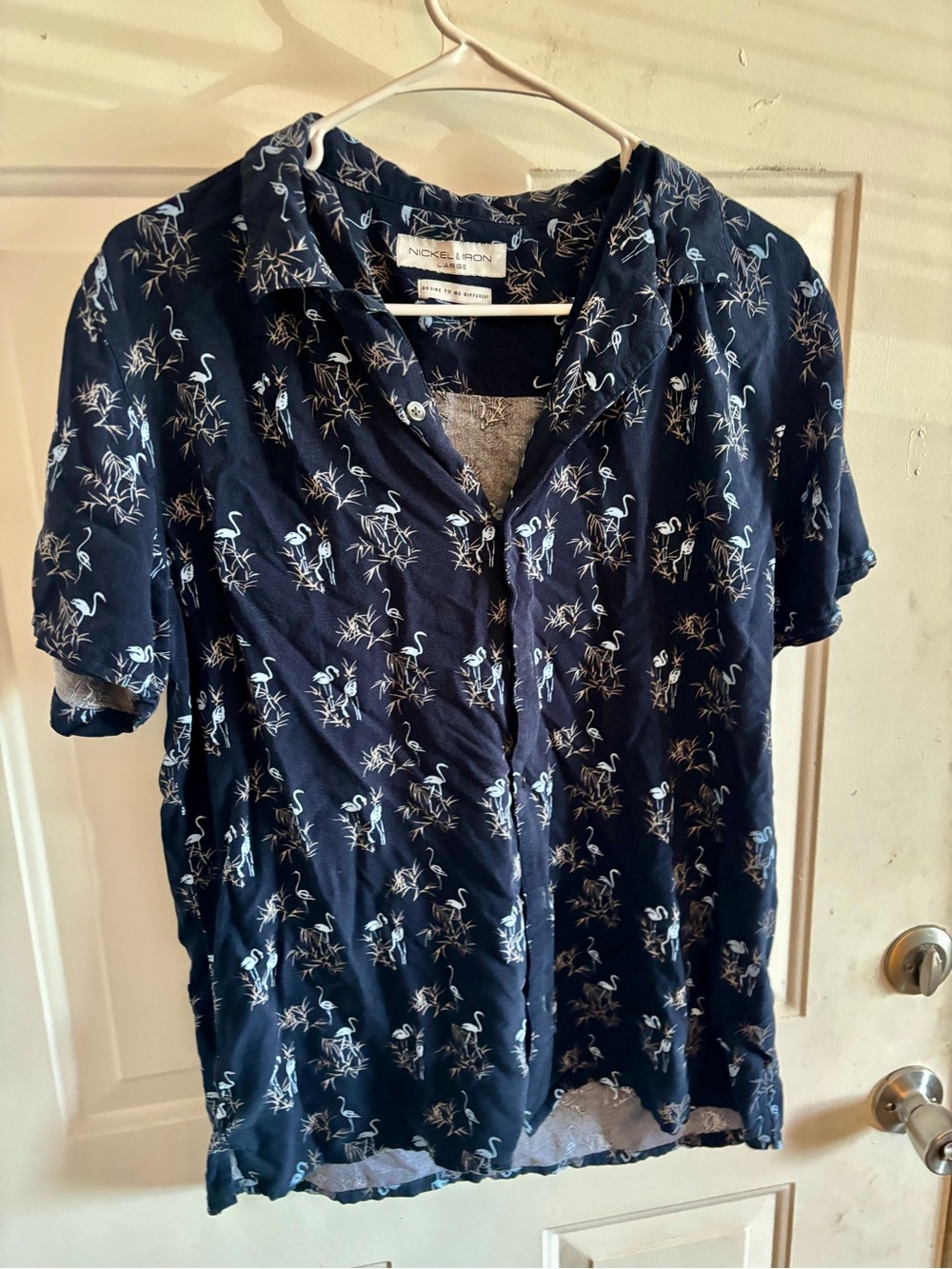 Navy Short-Sleeve Flamingo Print Button-Down Shirt